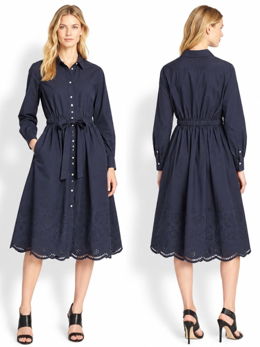 Free Assembly Navy Eyelet Button Front Midi Shirt Dress S